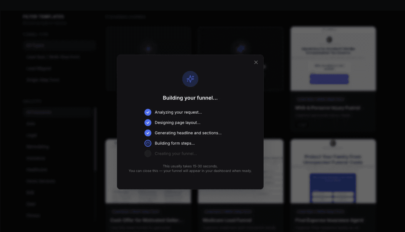 LeadCapture.io AI funnel builder generating a complete lead funnel from a text description