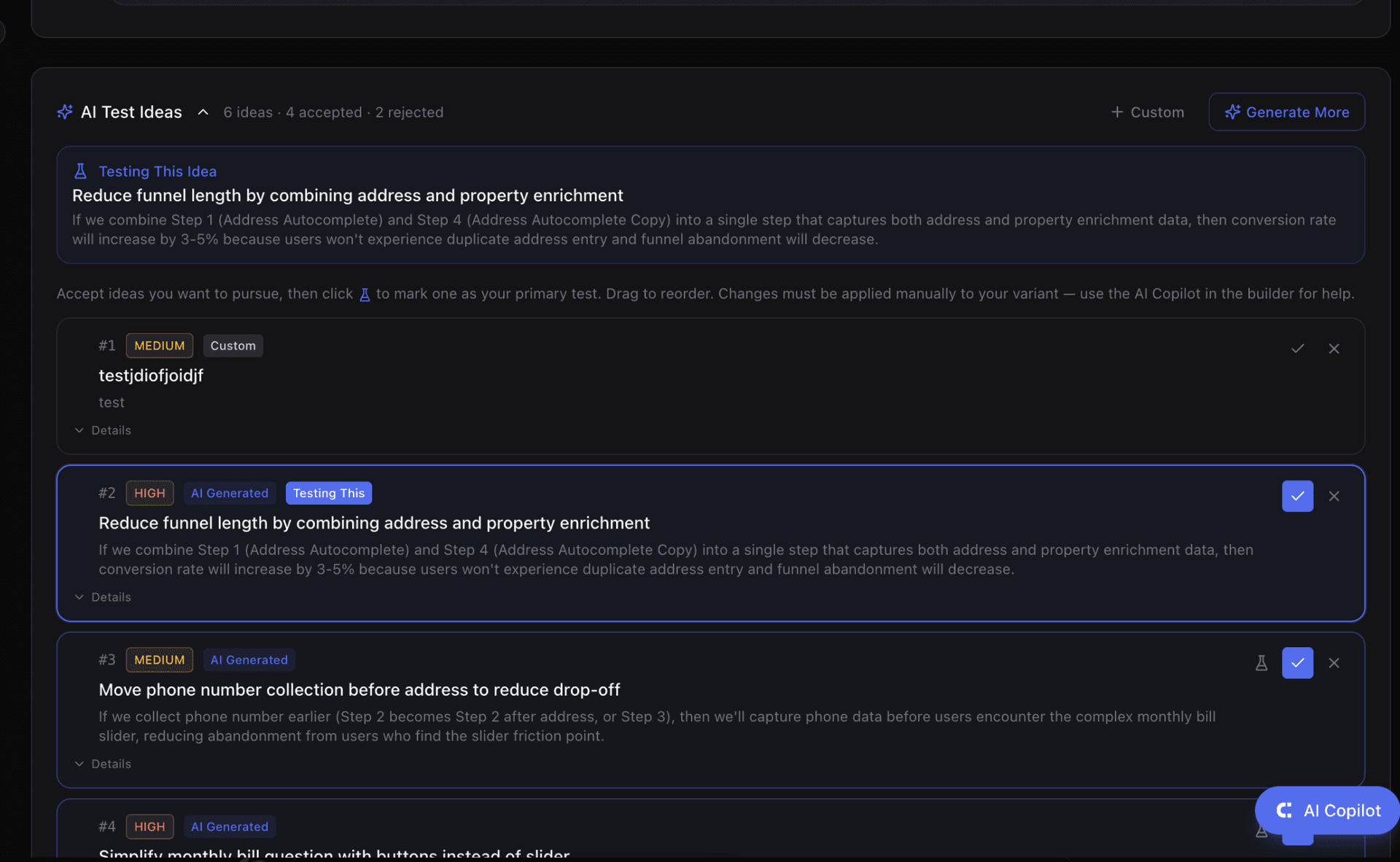 LeadCapture.io AI-generated A/B test ideas ranked by impact with accept and reject actions