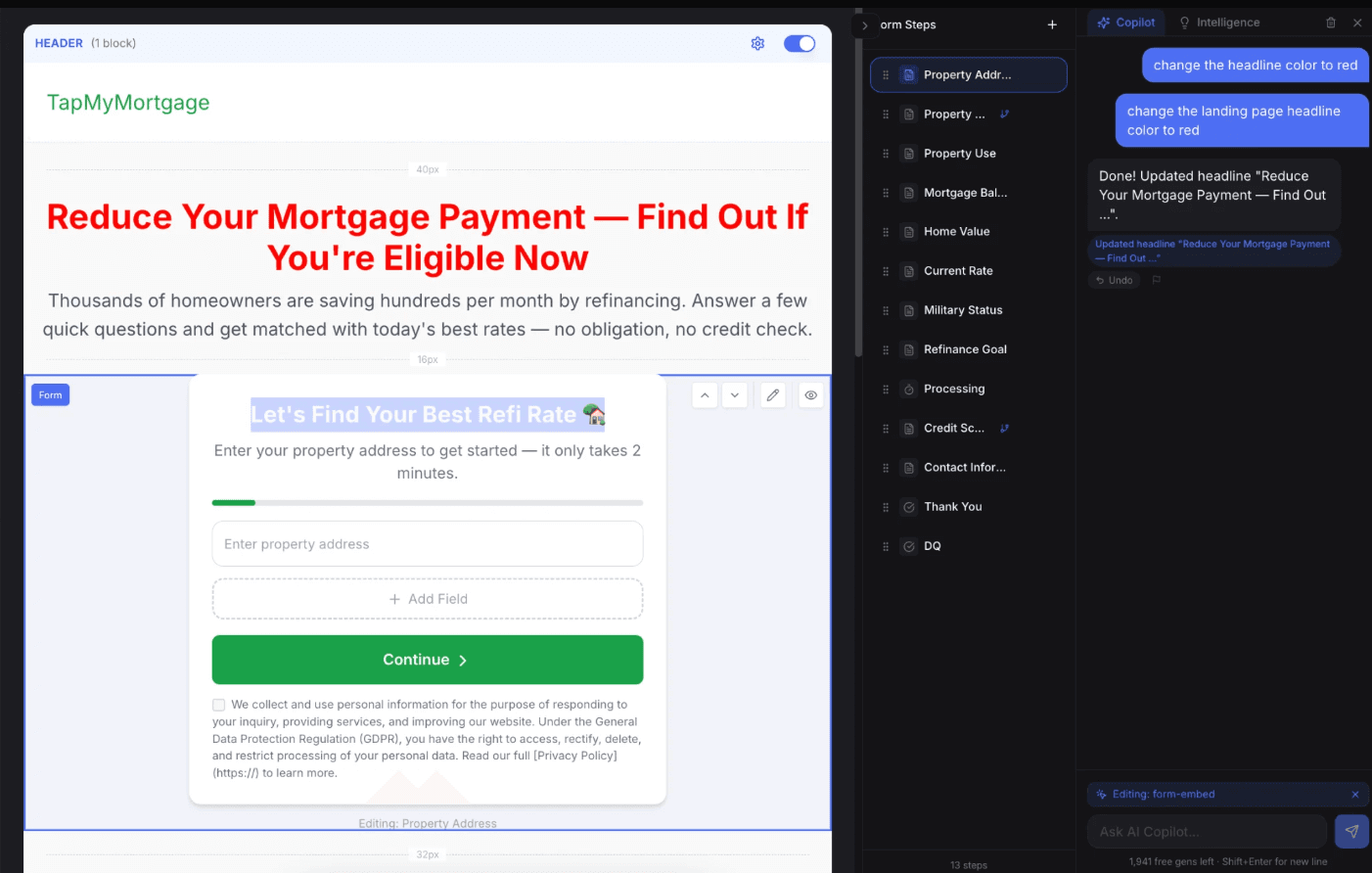 LeadCapture.io funnel builder showing lead delivery configuration with webhook and integration options