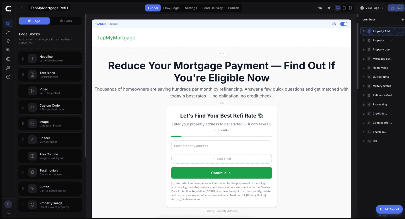 LeadCapture.io drag-and-drop funnel builder editing a mortgage refinance lead capture form
