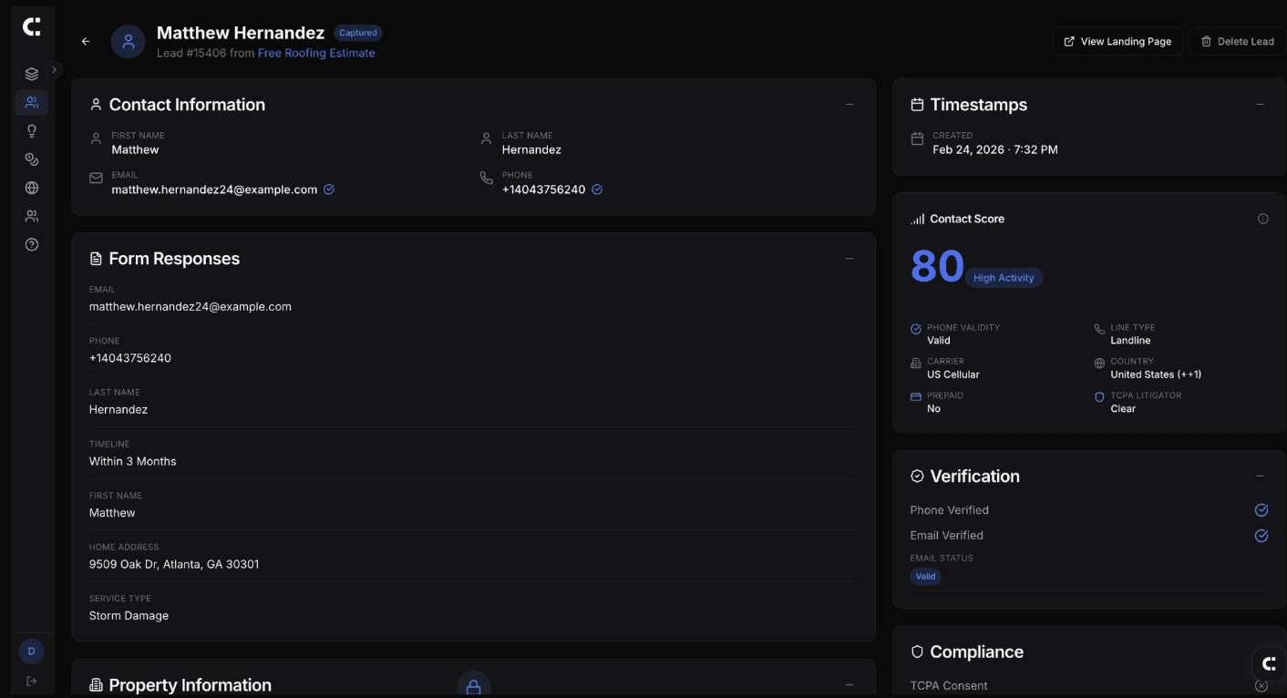 LeadCapture.io lead detail showing Contact Score of 80, phone validity, carrier data, and verification status