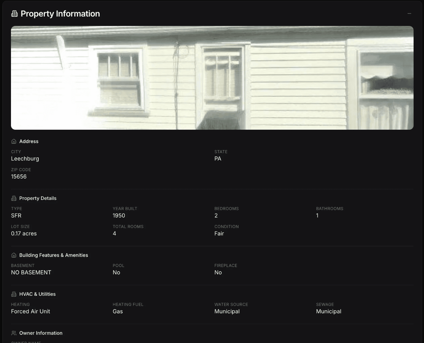 LeadCapture.io property enrichment showing address, property details, building features, and owner information