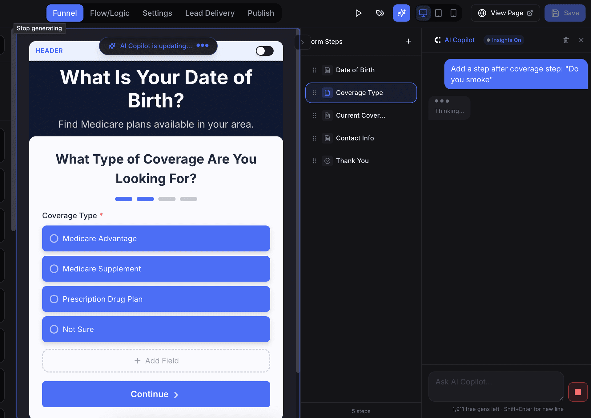 LeadCapture.io AI Copilot adding a new step to a lead funnel via natural language