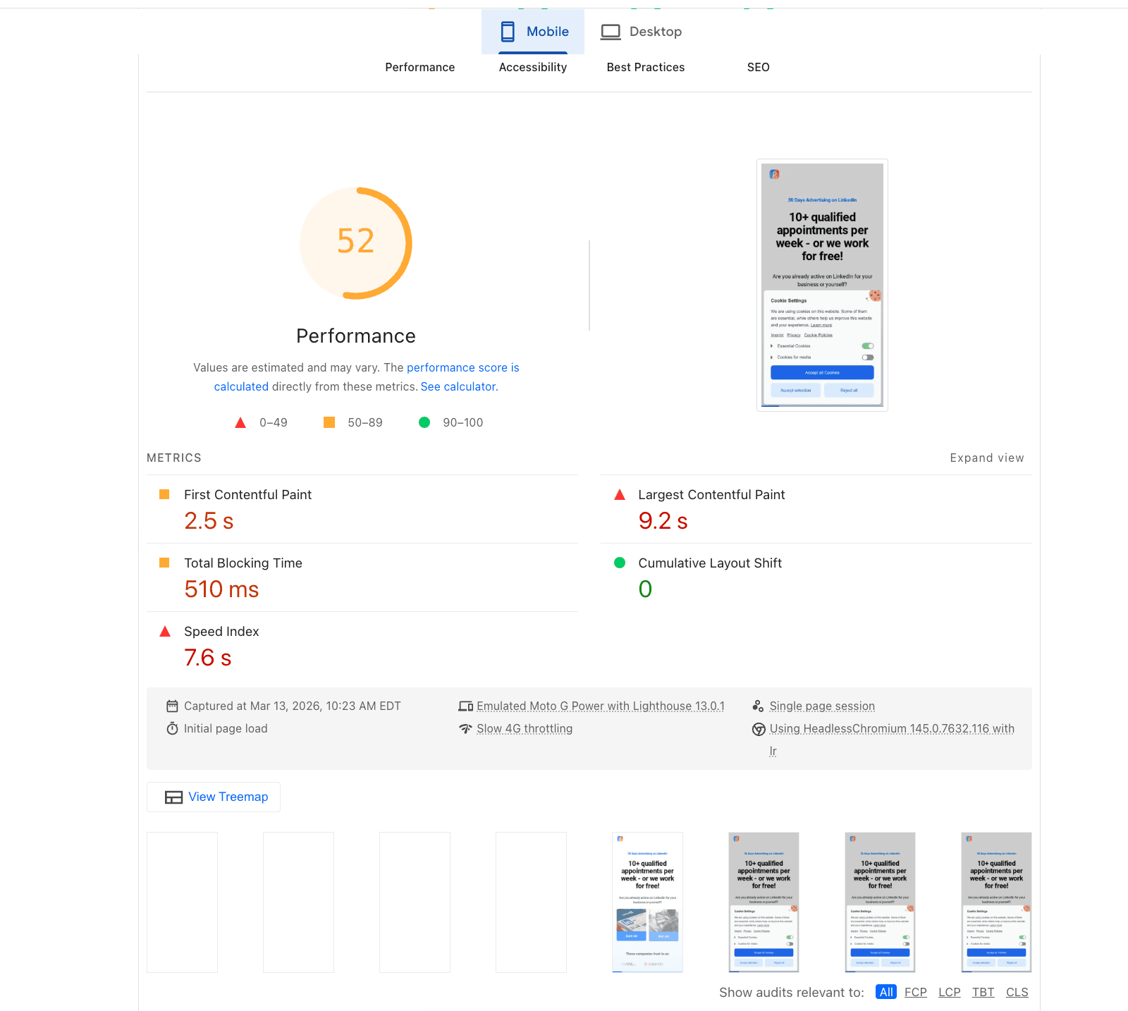 Google PageSpeed Insights showing Perspective Funnels scoring 64 Performance on mobile with 2.4s FCP and 7.8s LCP