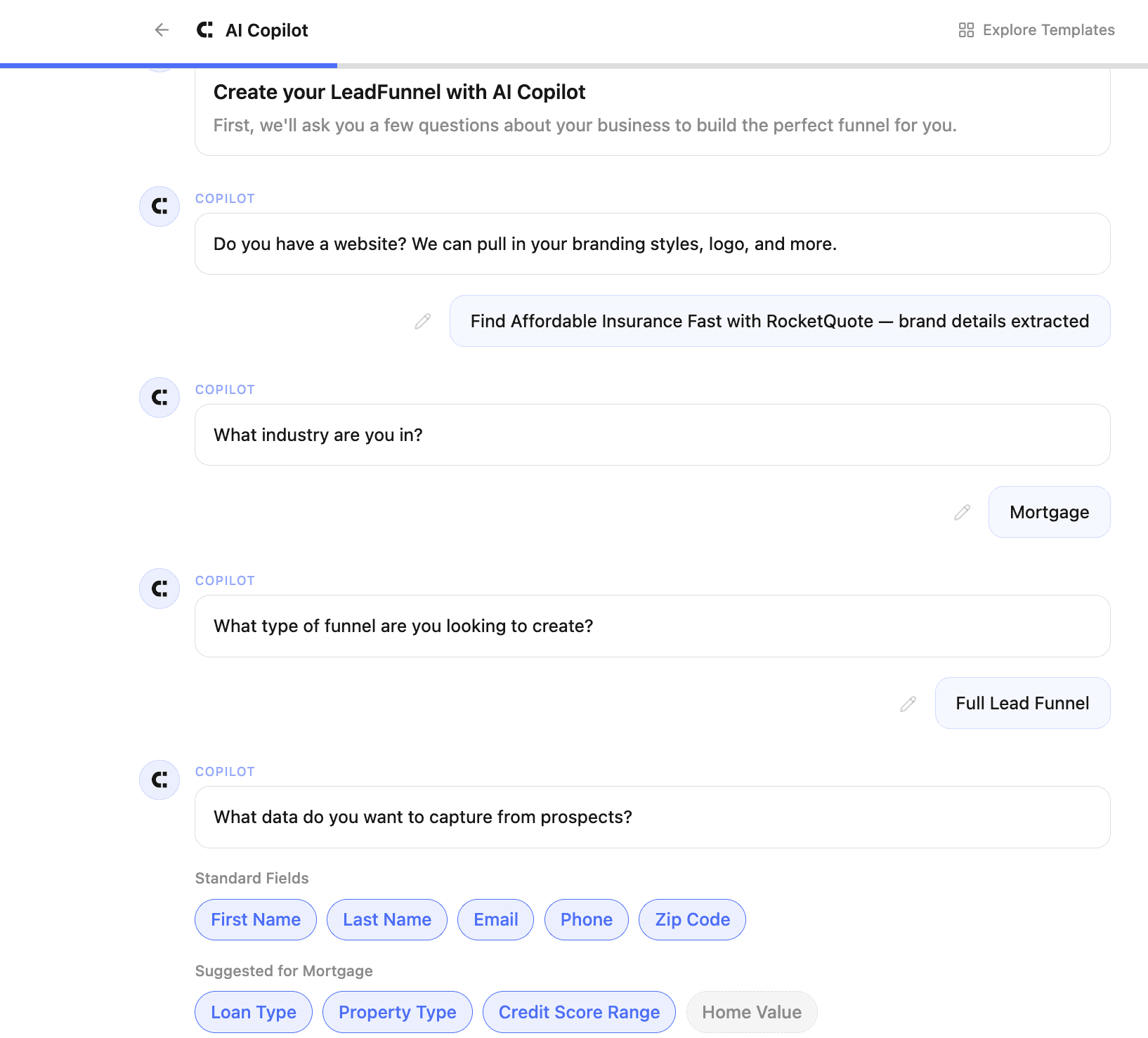 AI Copilot asking questions to build your lead funnel