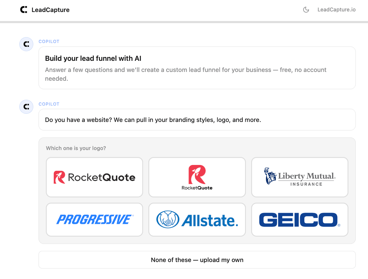 AI Copilot asking questions to build your lead funnel