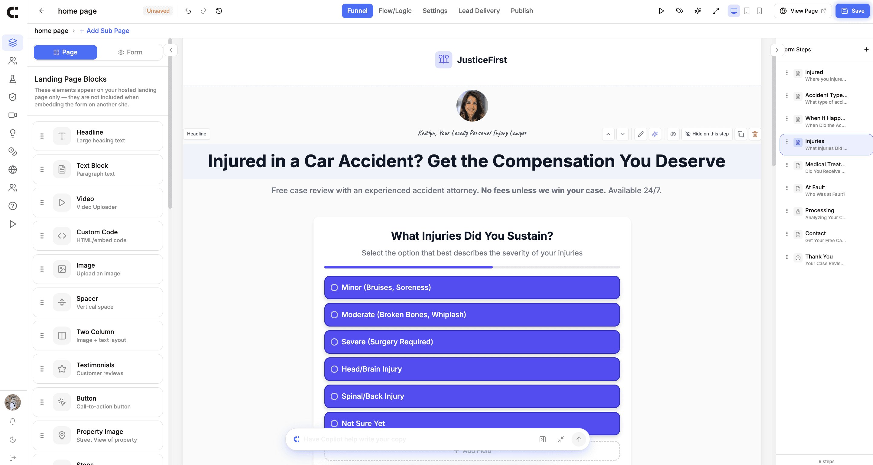The LeadCapture funnel builder: visual canvas, blocks palette, form steps, and AI Copilot