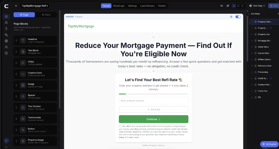 Generated lead funnel in the builder