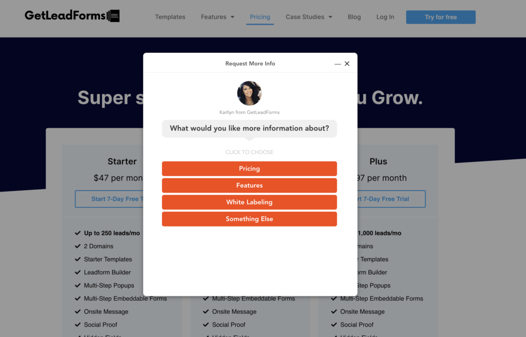 Saas form on pricing page