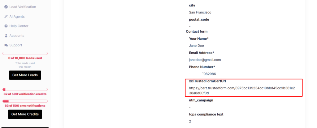 Access and store TrustedForm cert URL