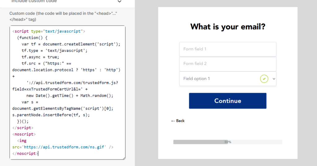 Add TrustedForm script to header code