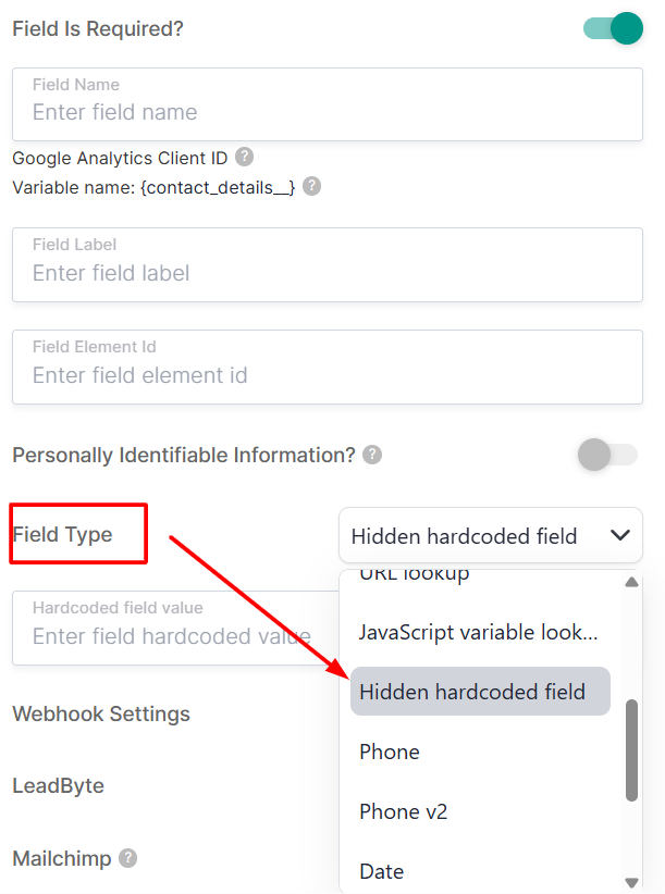 select field type of hardcoded hidden field