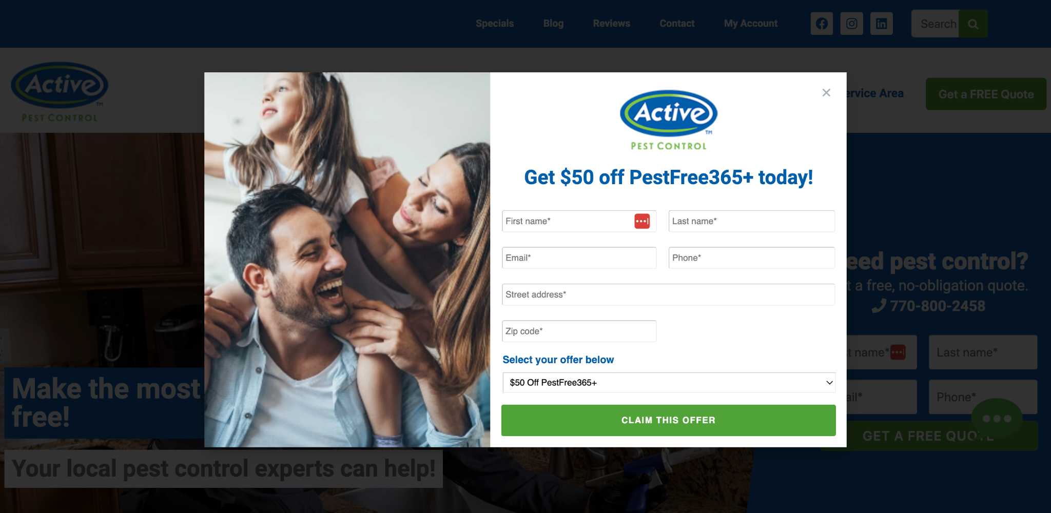 pest control site with popup form