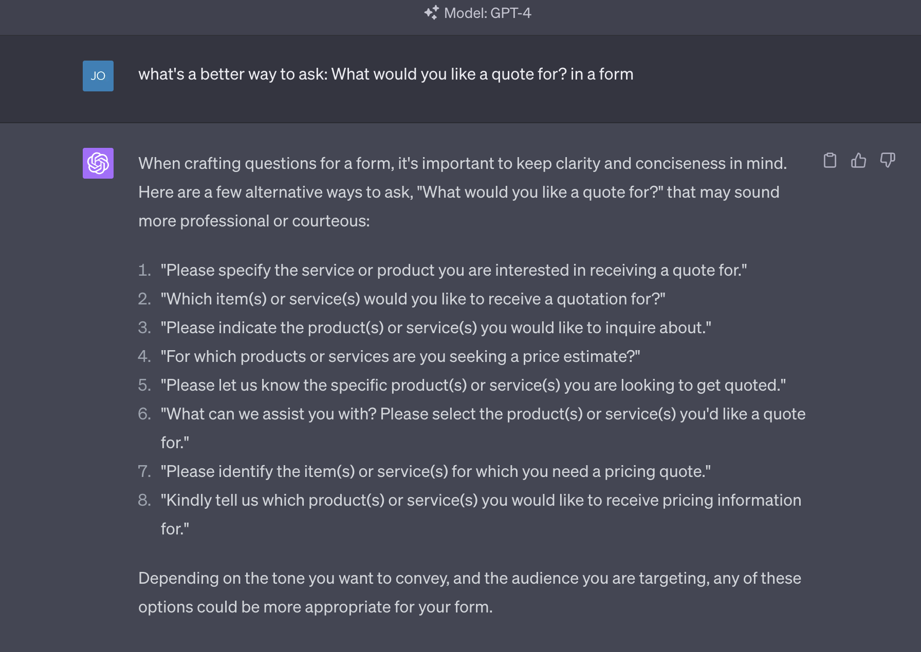 ChatGPT response with form copy