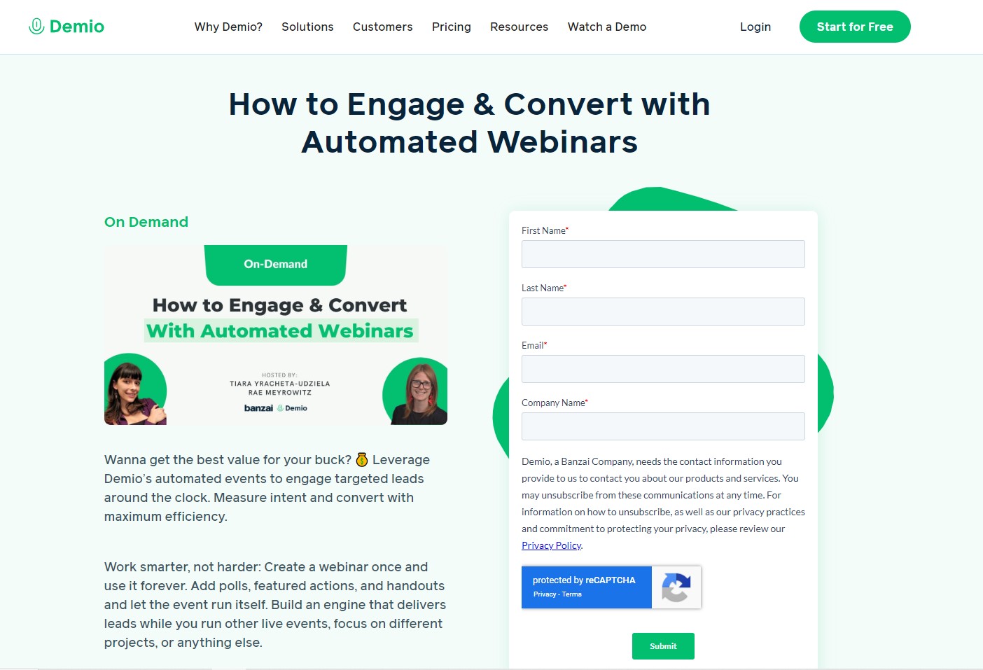 Hon-demand webinar landing page from Demio.