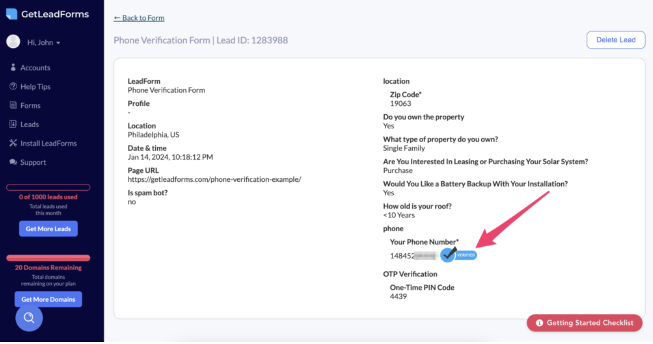 getleadforms phone verify