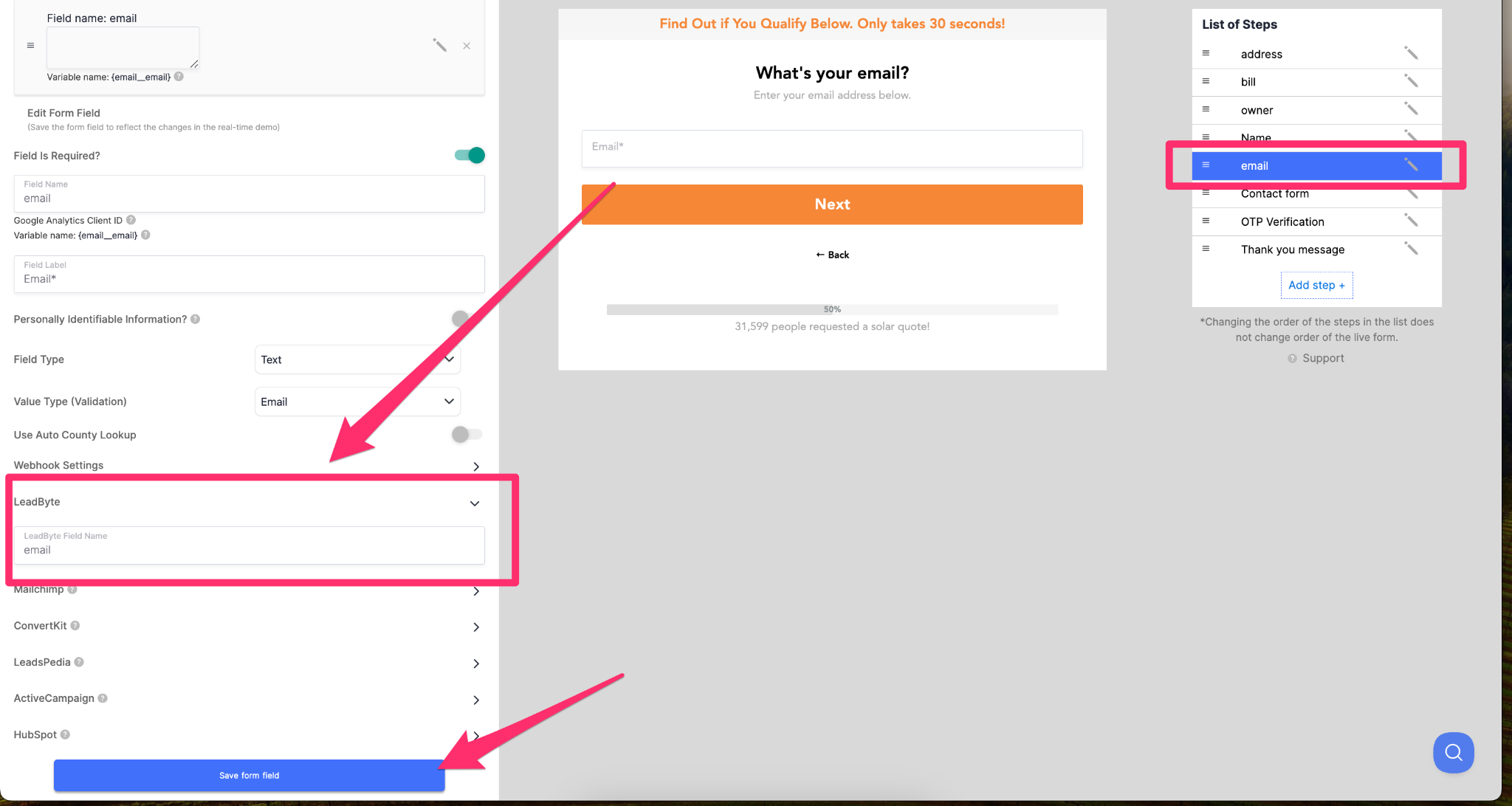 leadbyte field mapping with form