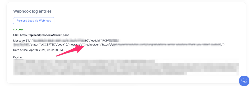 webhook log entry finding redirect url